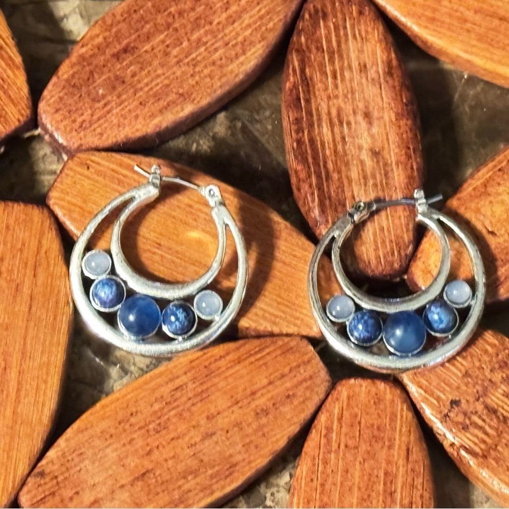 Elegant Silver and Blue Open Work Circular Disc Hoop Earrings